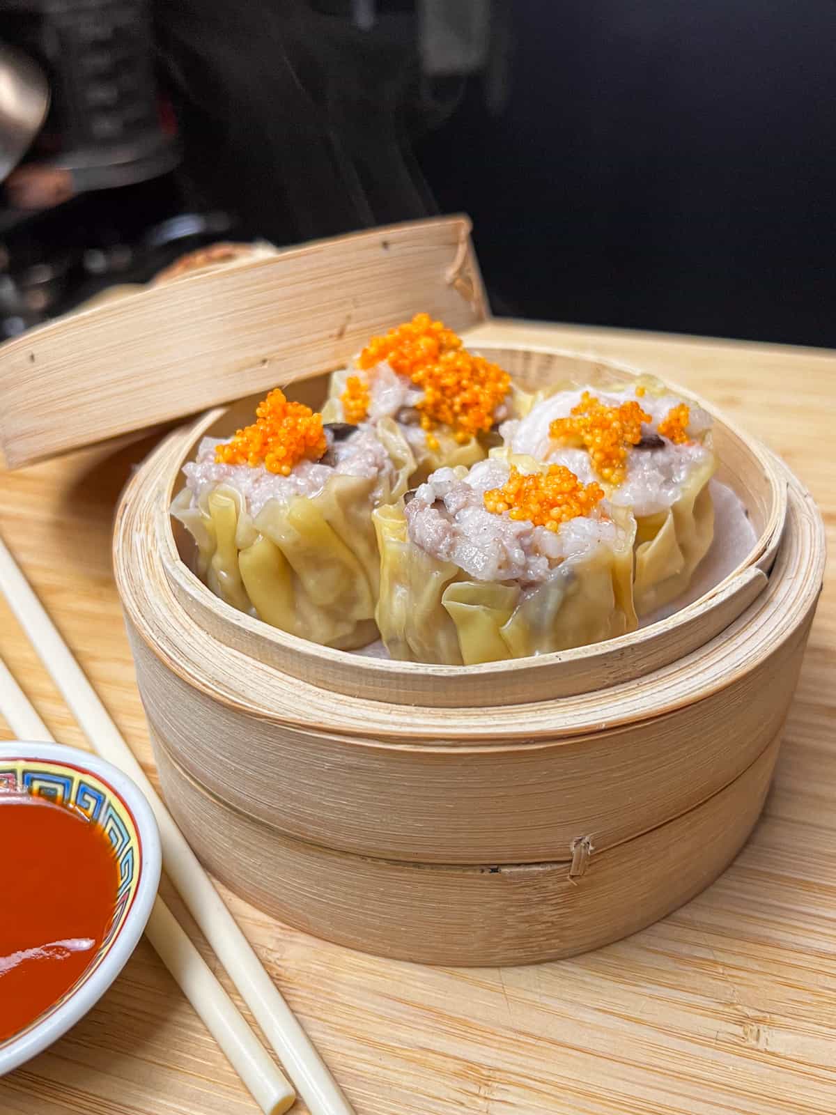 pork and prawn sui mai topped with flying fish rose