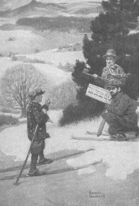 boy and two men standing in the snow among trees