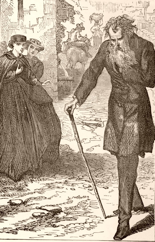 Two women staring at old man with beard and cane walking down street. Caption: The Old Professor.