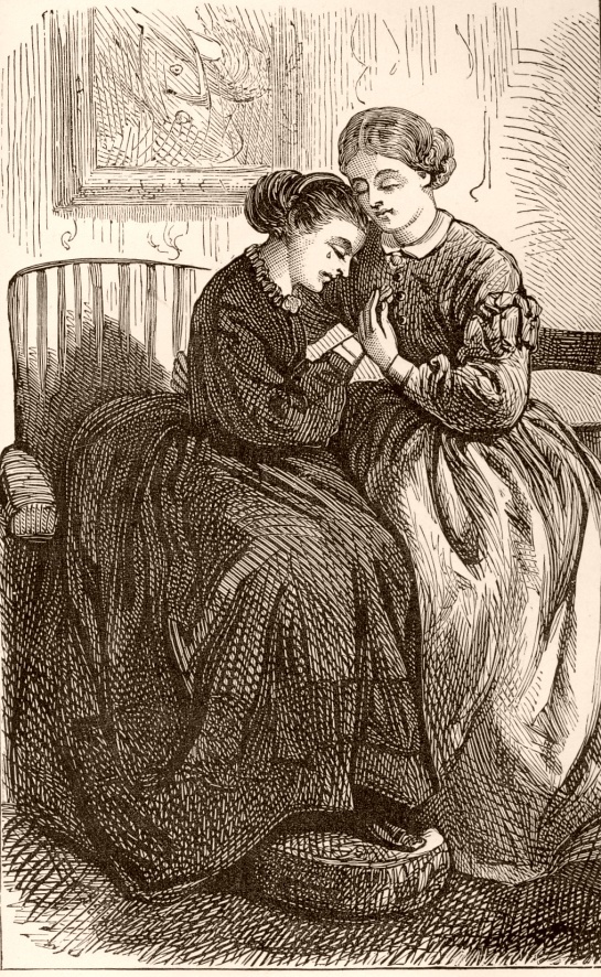 Two women sitting. One woman crys on the shoulder of the other. Caption: Christine Telling Her Story.