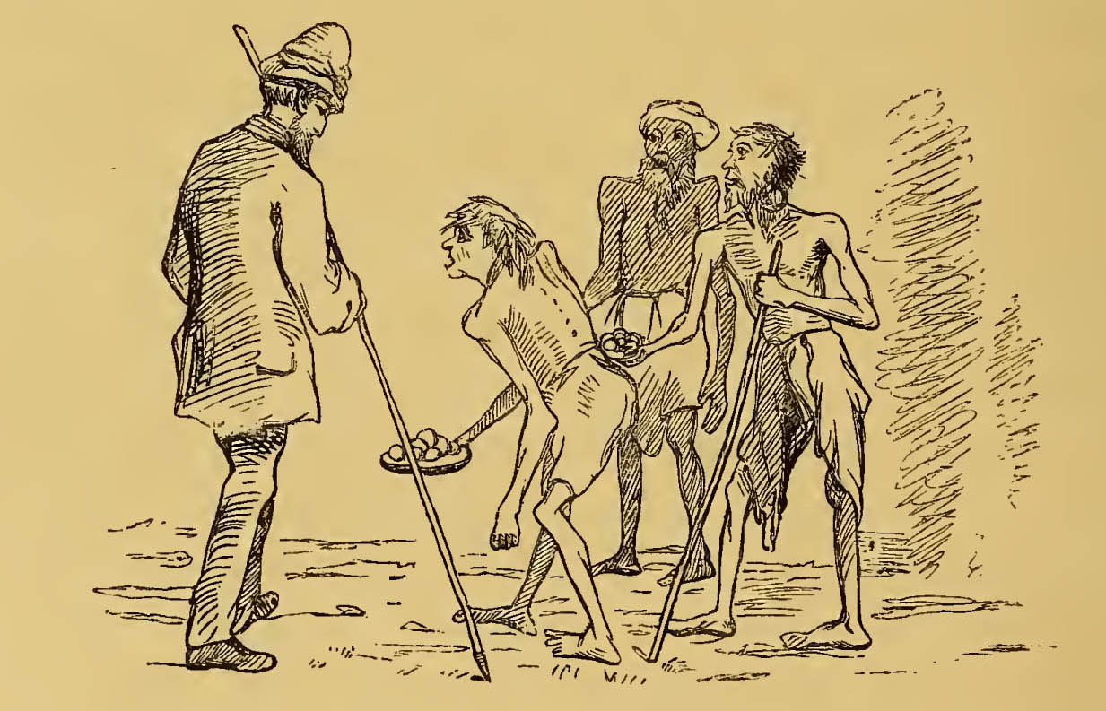 three malnourished people talking to man