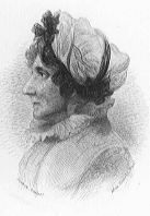 Portrait of head and shoulders of lady in a cap and high collar, looking to the reader's left