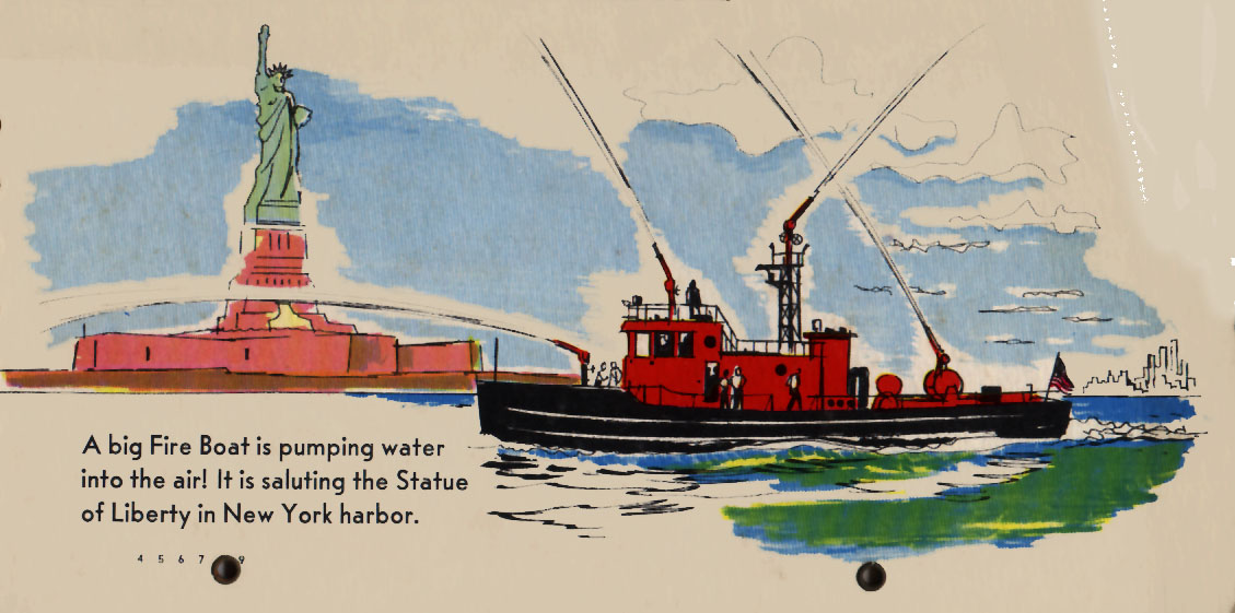 A large fire boat spraying several jets of water in front of the Statue of Liberty. New York City's skyline is in the distance.