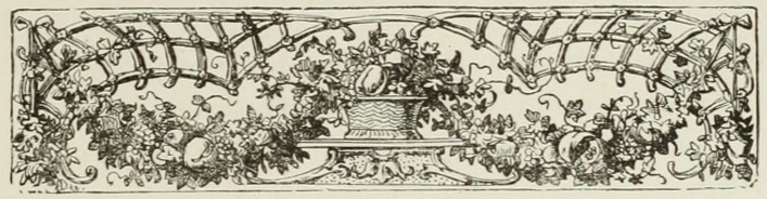 Decorative drawing of latticework, fruit and leaves flowing out of a basket on a pedestal.