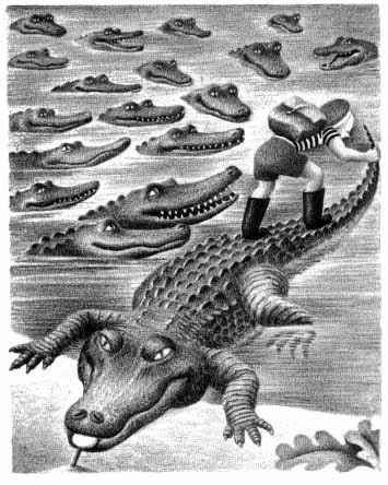 a boy standing on the back of a crocodile as many other crocodiles look on