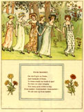 A row of ladies walking through a beautiful grassy wood.