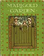 Cover of the book, green with red marigolds and a central image of three girls in matching dresses and bonnets standing up behind a beautiful green fence. Two of them are holding bouquets of flowers.