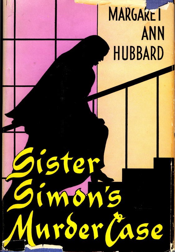 Book cover in pink, orange and yellow with a silhouette of a nun climbing a flight of stairs.