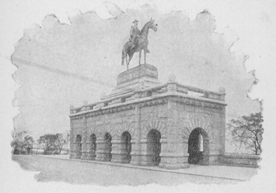 Equestrian statue on top of arched building.