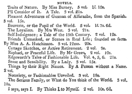 facsimile of a list of novels