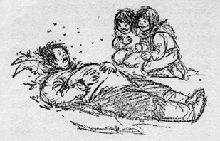 man sleeping near children