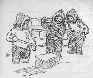 children trying to cut snow blocks