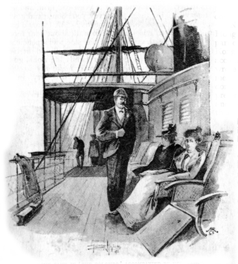 two women seated on a shipboard, a man nearby