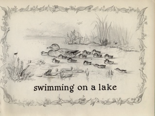 floral border around one adult duck and thirteen ducklings swimming among reeds on a lake, watched by a frog.