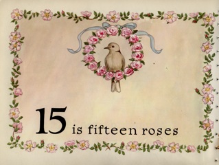 floral border around bird sitting on wreath of fifteen roses.