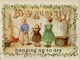 floral border around three children looking at row of seventeen hanging gourds.