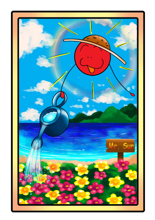 This character profile card shows Mr. Sun, the sun, performing his secret skill: gardening.