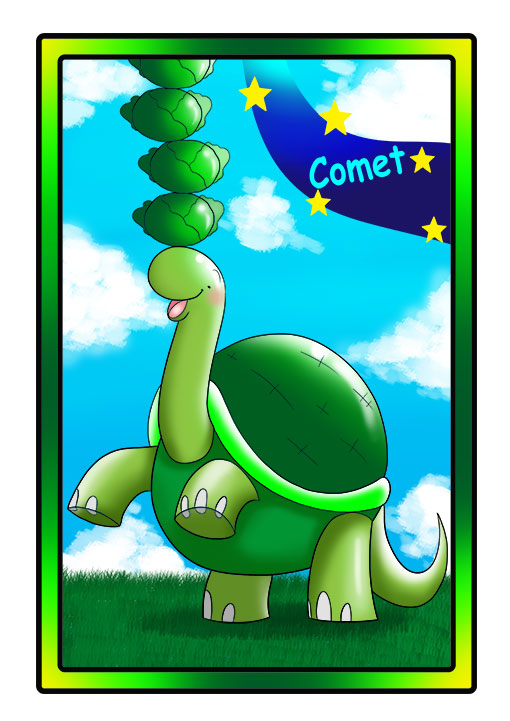 This character profile card shows Comet, a turtle, performing his secret skill: balancing cabbage on his head.