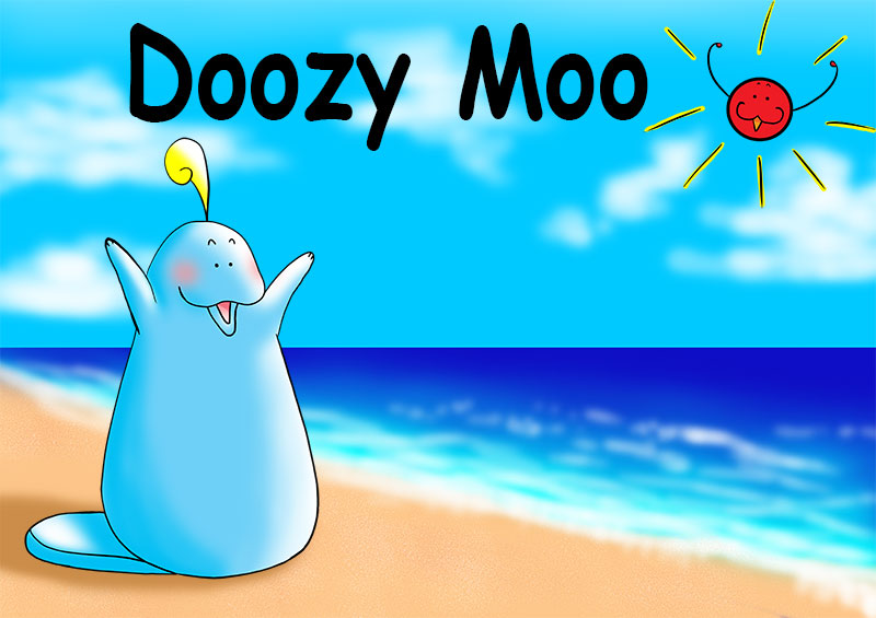 This is an illustration of Doozy Moo striking a happy pose on the beach as Mr. Sun looks on.