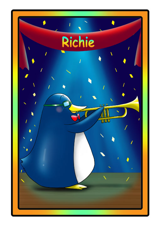 This character profile card shows Richie, a penguin, performing his secret skill: playing the trumpet.