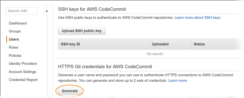 Generating Git credentials in the IAM console