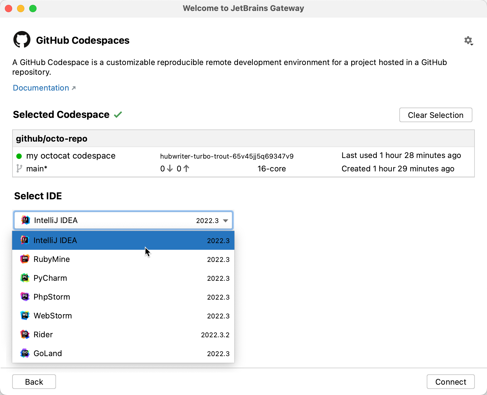 Capture d’écran de la liste déroulante « Sélectionner un IDE » dans JetBrains Gateway. Le pointeur de la souris pointe vers « IntelliJ IDEA ».