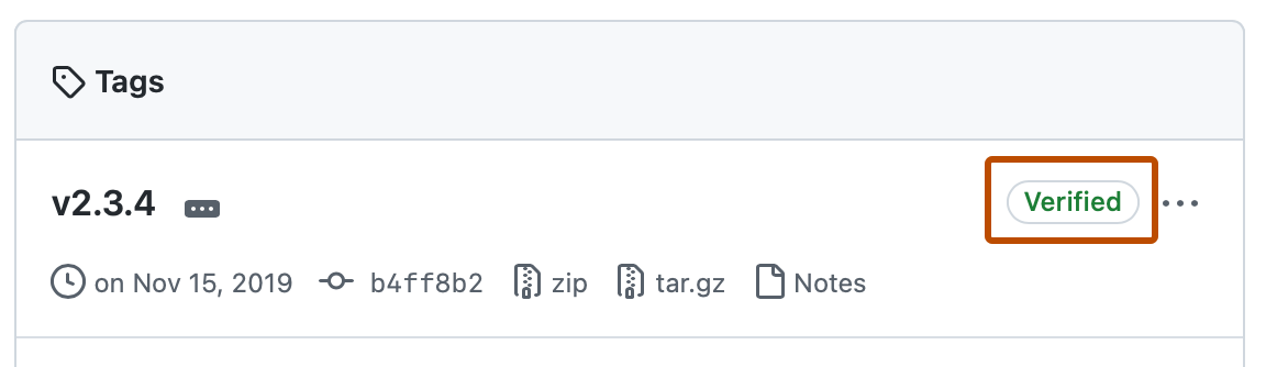 Capture d’écran d’une étiquette dans la liste d’étiquettes d’un dépôt. « Vérifié » est mis en évidence avec un encadré orange.