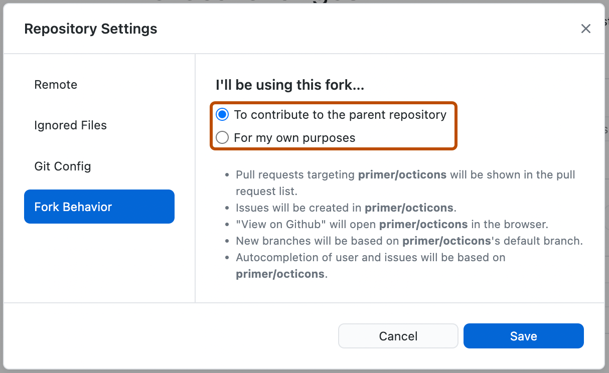 Captura de tela do painel "Comportamento do Fork". Dois botões de opção, rotulados como "Para contribuir com o repositório pai" e "Para meus próprios propósitos", estão contornados em laranja.