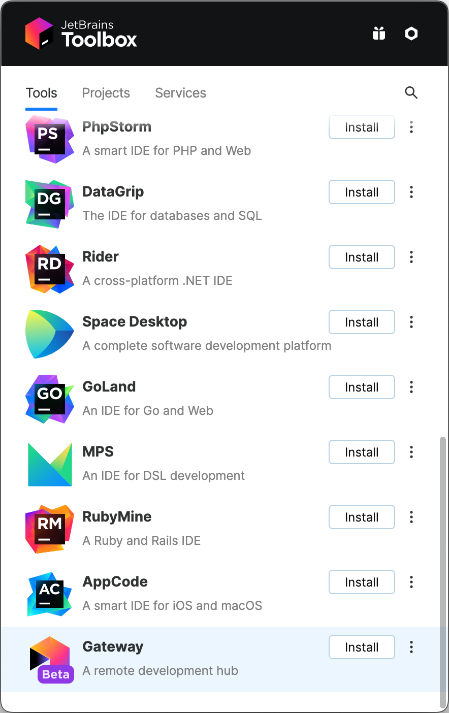 Screenshot der JetBrains-Toolbox mit „Gateway“ am unteren Rand der Anwendungsliste. Jede Anwendung verfügt über eine Schaltfläche „Installieren“.