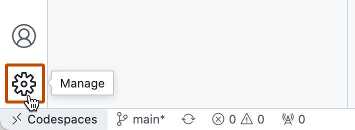 Screenshot of the bottom of the Activity Bar. The Manage button (labeled with a gear symbol) is highlighted with a dark orange outline.