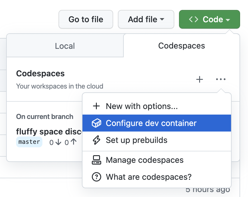 Screenshot of the "Code" dropdown, and, within it, another dropdown with the "Configure dev container" option highlighted.