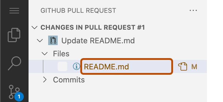 Screenshot der Randleiste „GitHub-Pull Request“. Ein Dateiname ist dunkelorange umrandet.