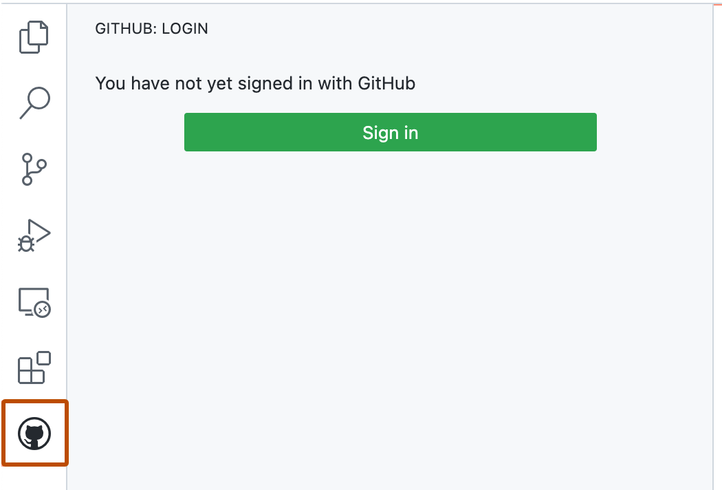 Captura de pantalla de la barra lateral GitHub que muestra el botón "Iniciar sesión". El icono GitHub de la barra de actividad está resaltado con un contorno naranja.