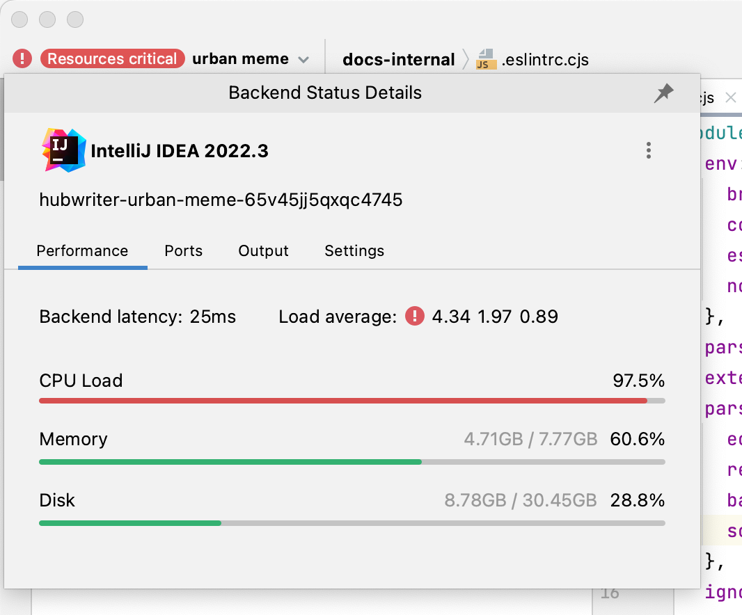 Screenshot der Registerkarte „Leistung“ in der Dropdownliste „Ressourcen“ mit einer CPU-Auslastung von 97,5 %, einer Arbeitsspeichernutzung von 60,6 % und einer Datenträgerauslastung von 28,8 %