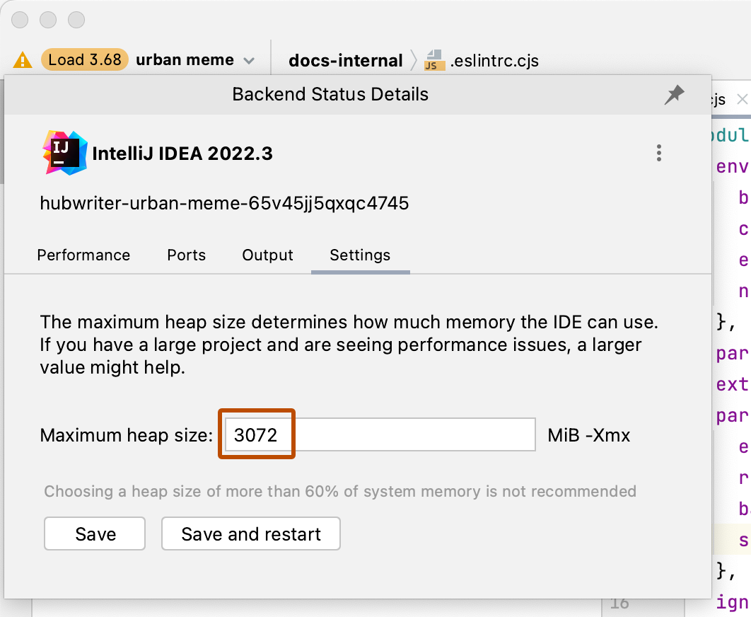 Screenshot of the "Performance" tab. In the "Maximum heap size" field, 3072 is entered and outlined in dark orange. Below this are "Save" and "Save and restart" buttons.