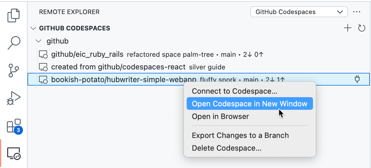 右クリック メニューで [ブラウザーで開く] が強調されている、リモート エクスプローラーで選ばれた codespace のスクリーンショット。