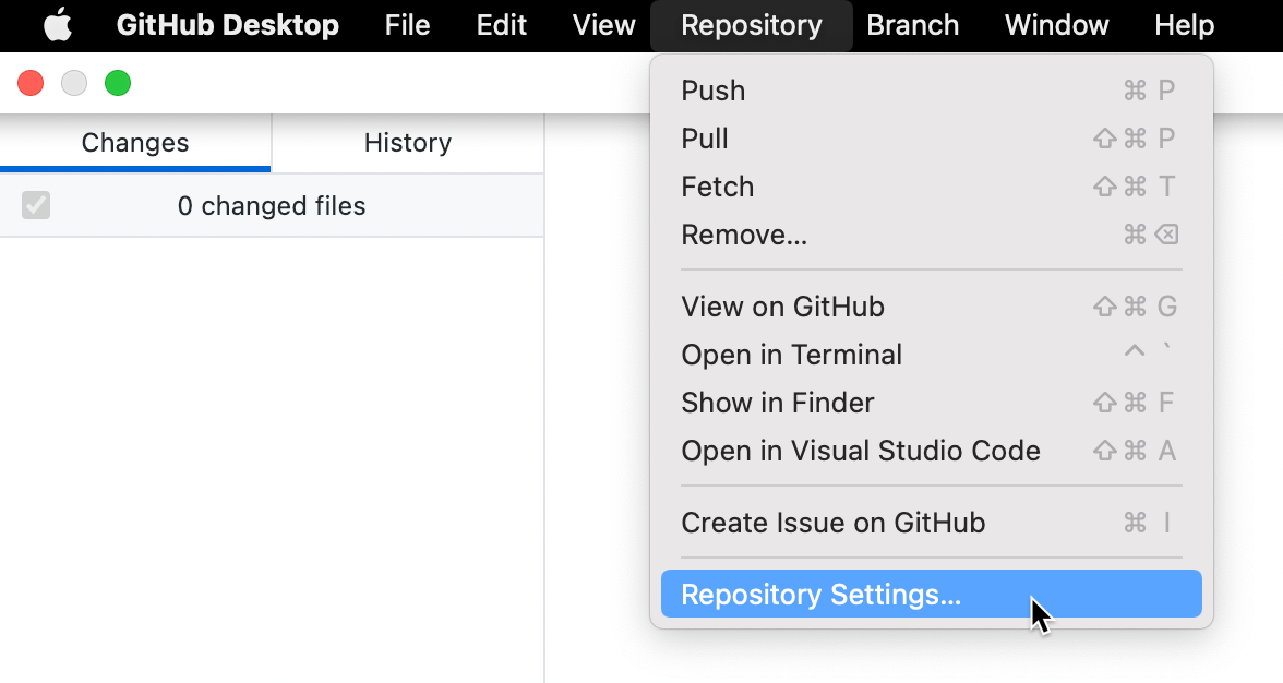 Mac のメニュー バーのスクリーンショット。 [リポジトリ] ドロップダウン メニューが展開され、青色で強調表示されている [リポジトリの設定] にカーソルが置かれています。