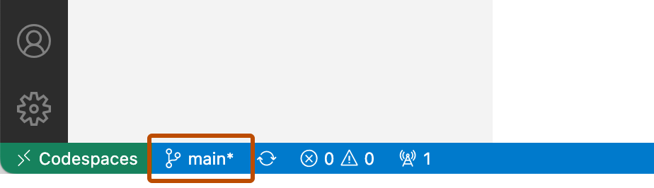 Captura de pantalla del nombre de la rama que se muestra en la barra de estado de VS Code.