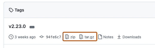 Screenshot of the "Tags" page of a repository. The zip and tar.gz options are outlined in dark orange.