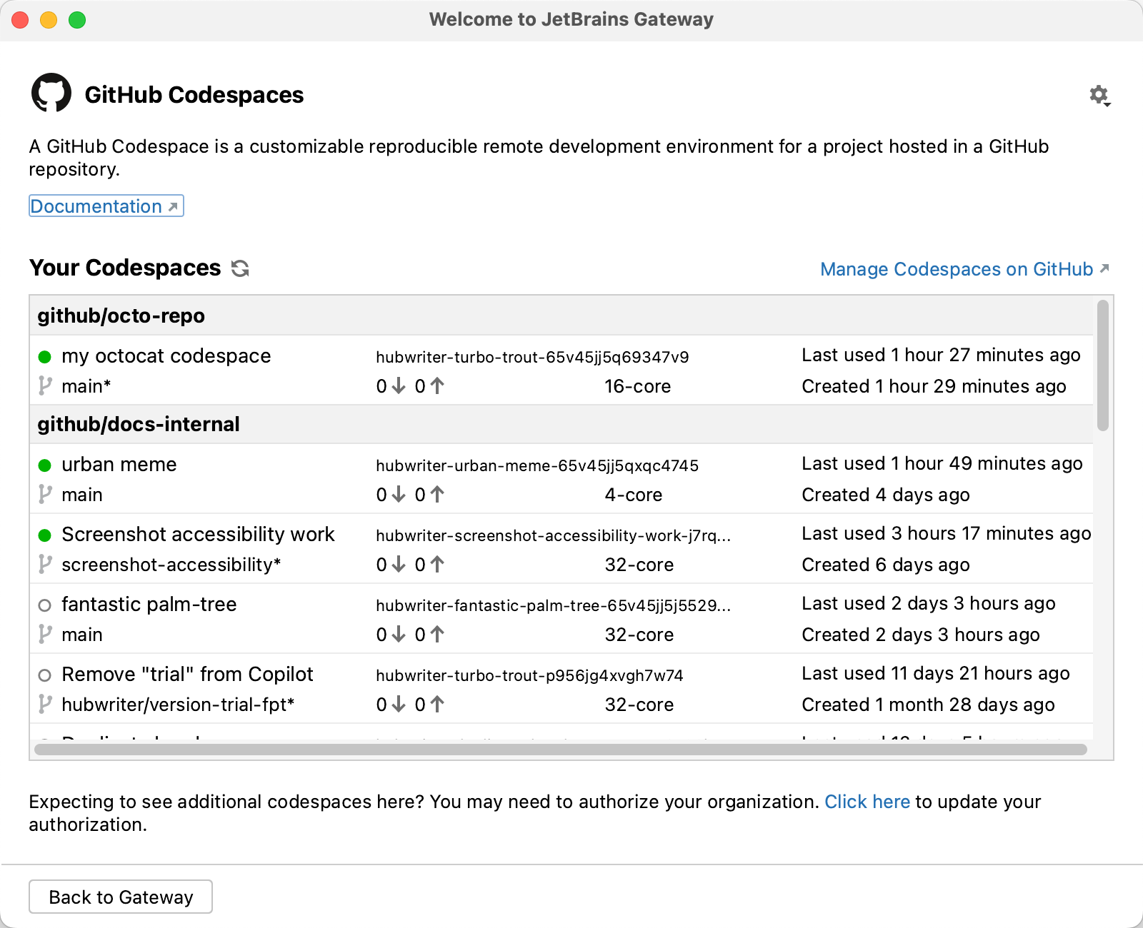 JetBrains 게이트웨이의 "Codespaces" 목록 스크린샷.