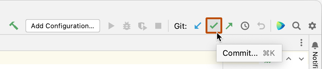 JetBrains クライアントの上部にあるナビゲーション バーのスクリーンショット。 変更をコミットするためのチェック マーク アイコンが強調表示されています。