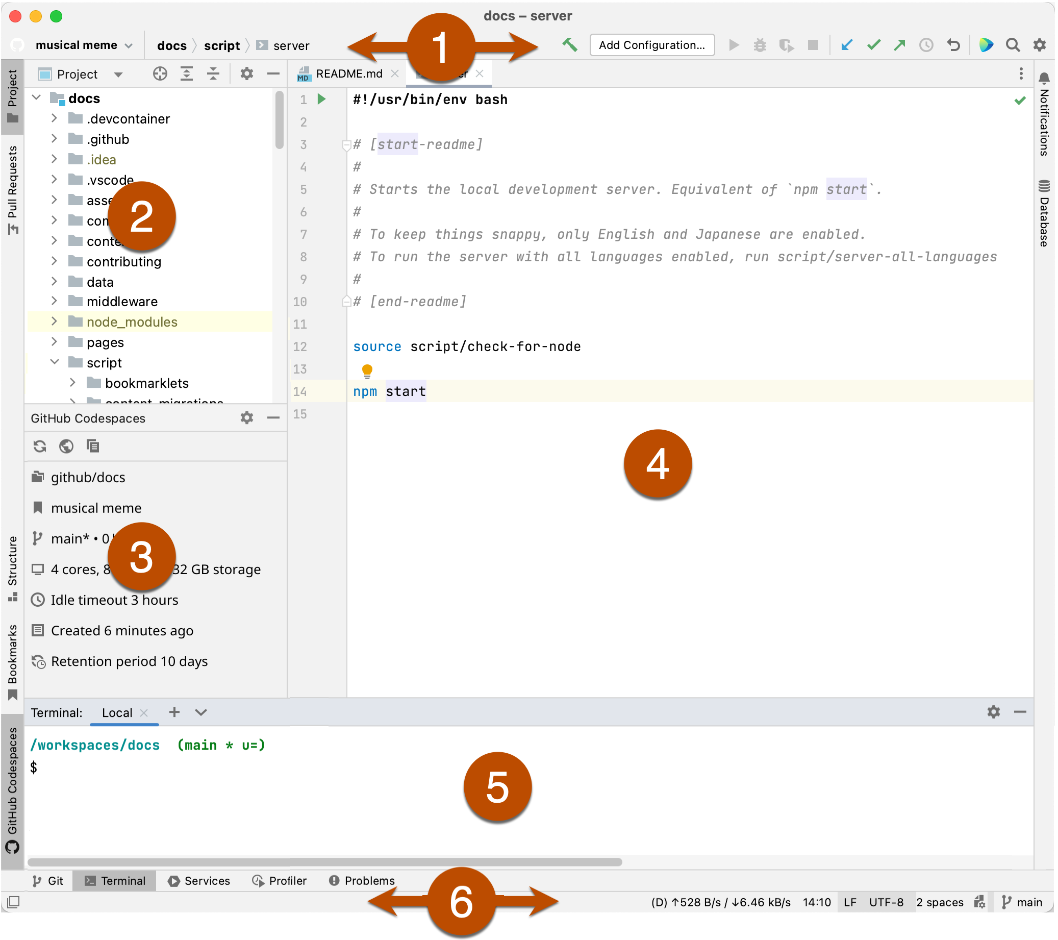 Captura de pantalla anotada de los seis componentes principales de la interfaz de usuario para JetBrains IntelliJ IDEA.