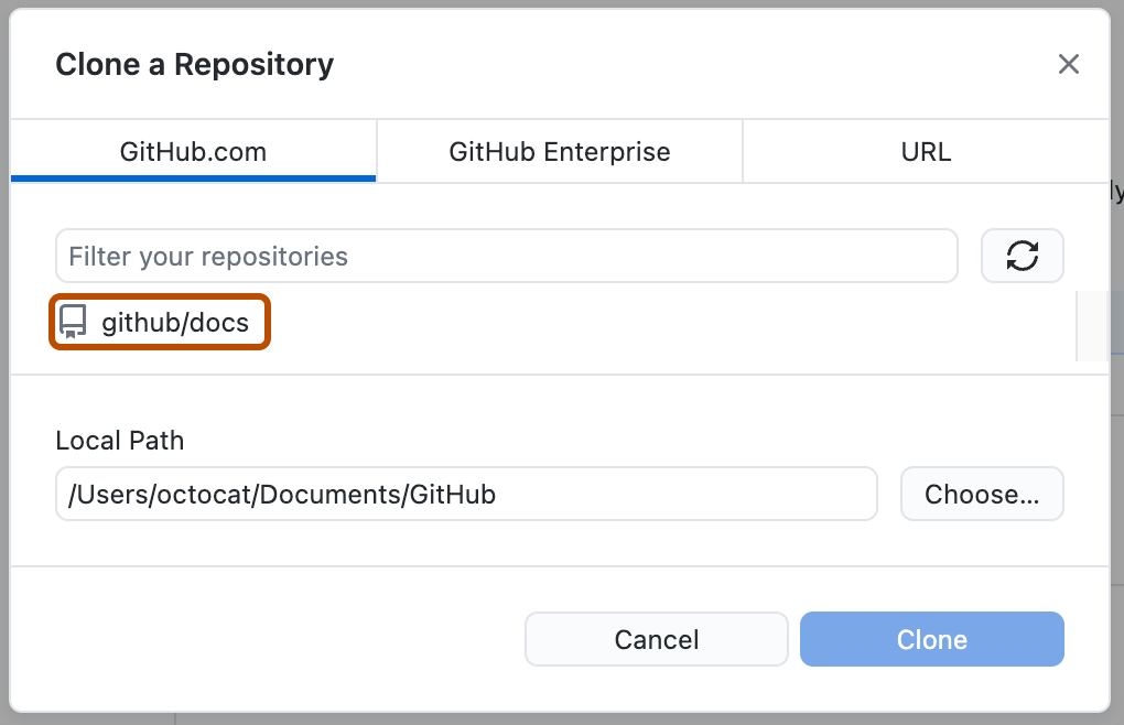 Captura de tela da janela "Clonar um repositório". O repositório "github/docs" está realçado com um contorno laranja.