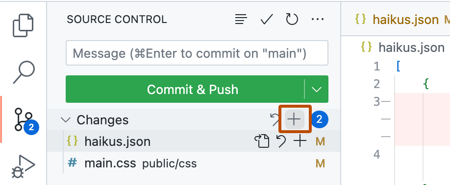 Capture d’écran de la barre latérale « Contrôle de code source » avec le bouton de préproduction (signe plus), à droite de « Modifications », mis en évidence avec un contour orange foncé.