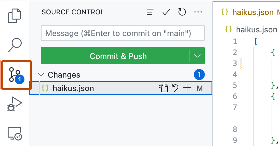 Captura de pantalla de la barra de actividad de VS Code con el botón Control de código fuente etiquetada con un icono de rama, resaltado con un contorno naranja.