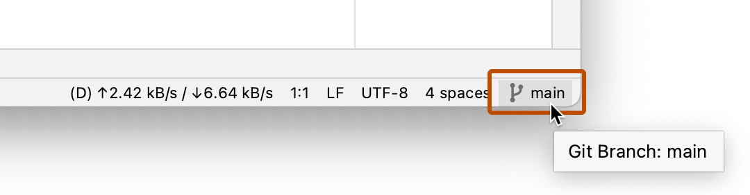 분기 이름에 대한 도구 설명이 표시된 상태 표시줄의 스크린샷입니다. 분기 아이콘과 이름 "main"은 진한 주황색 윤곽선으로 강조 표시됩니다.