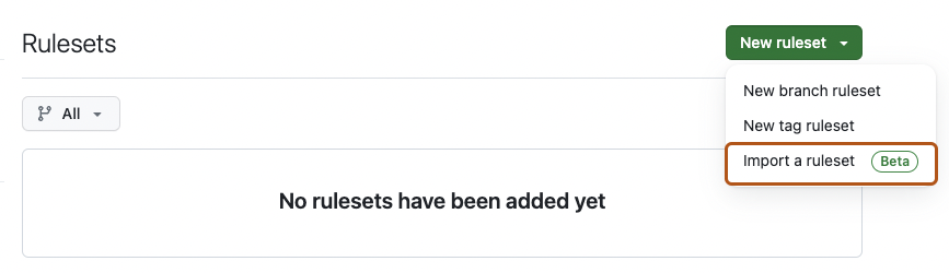 Screenshot of the page for repository rulesets. A dropdown menu labeled "New ruleset" is expanded and the "Import a ruleset" option is highlighted with an orange outline.