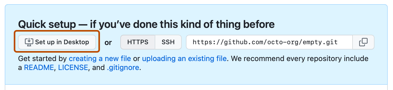 Screenshot of the quick setup instructions for an empty repository. A button, labeled with a download icon and "Set up in Desktop," is outlined in dark orange.