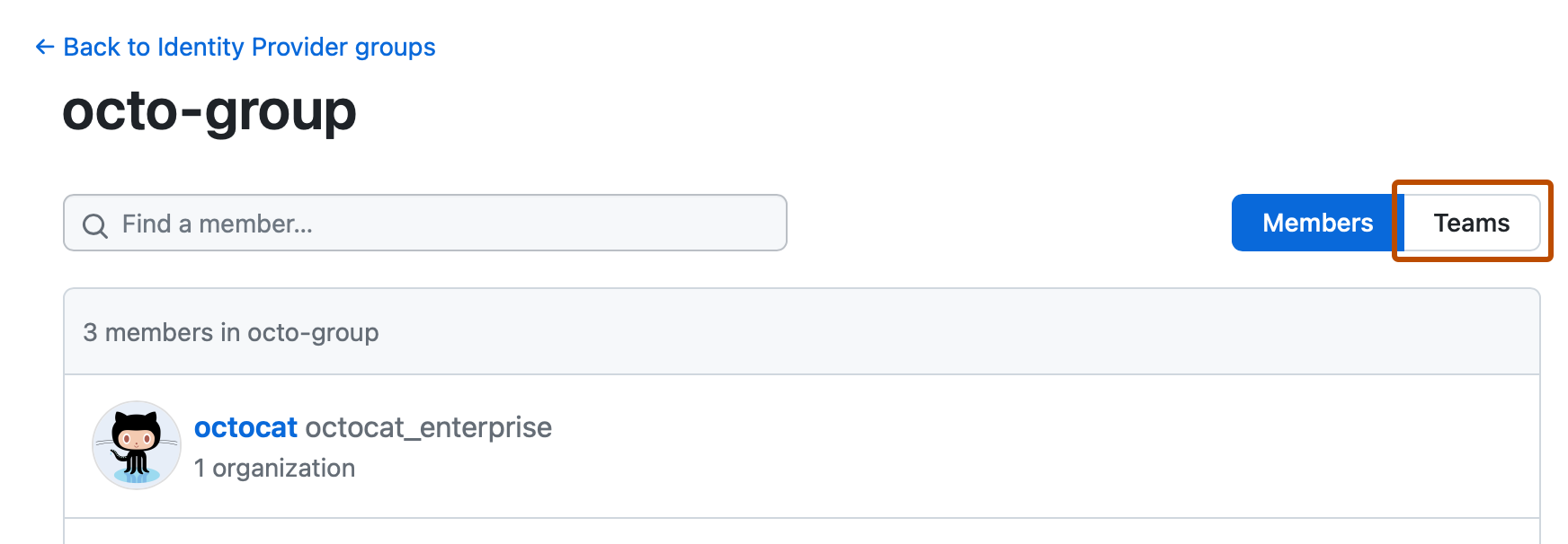 Screenshot of the page for a synchronized IdP group. Under the name of the group, to the right, the "Teams" tab is highlighted in dark orange.