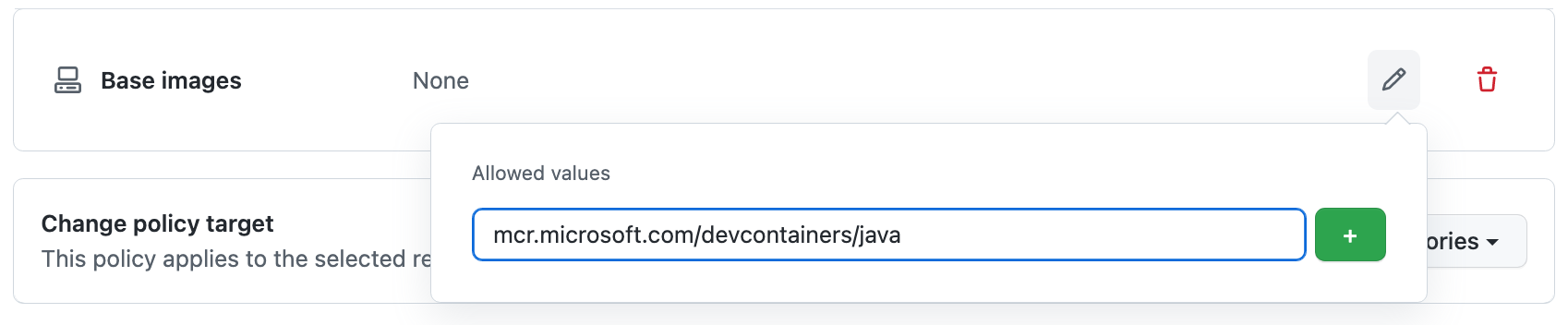 Captura de pantalla de la referencia de imagen "mcr.microsoft.com/vscode/devcontainers/java" especificada en el campo "Valores permitidos".